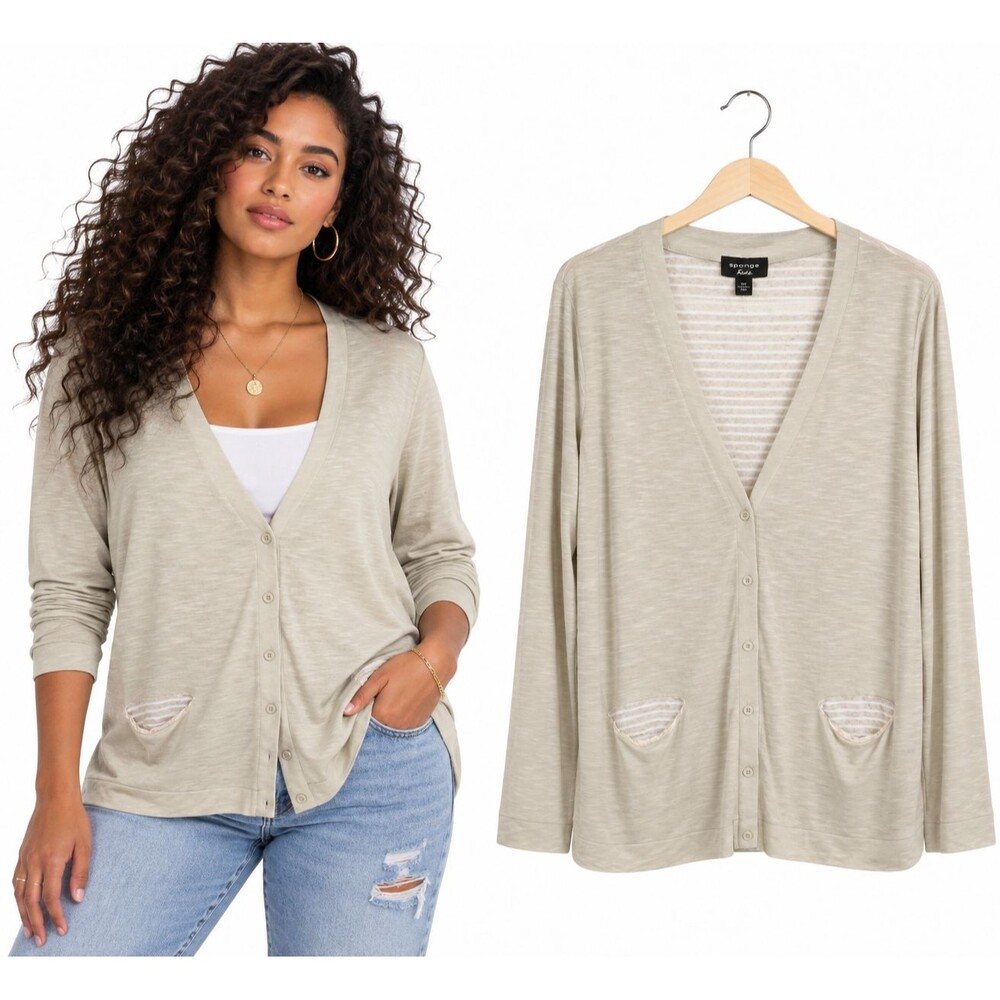 New Spense Knits Slub Knit Cardigan Size XL Beige Heather Oatmeal Striped